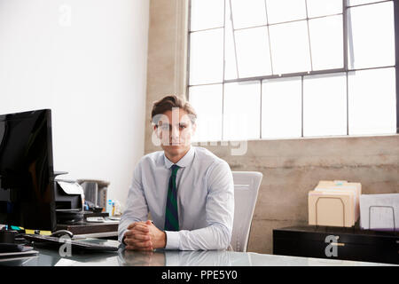 Giovane imprenditore seduto alla scrivania in ufficio sorridente alla fotocamera Foto Stock