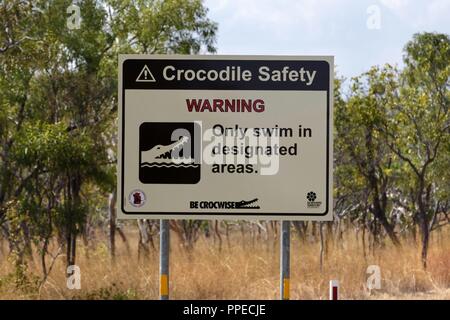 Coccodrillo segno di avvertimento, Nitmiluk National Park, il Territorio del Nord, l'Australia | Utilizzo di tutto il mondo Foto Stock