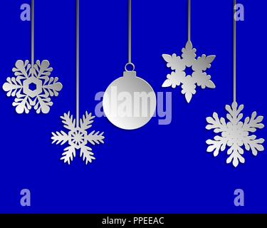 Fiocchi di neve di carta albero di Natale e la palla di Natale appeso su uno stendibiancheria su uno sfondo blu Illustrazione Vettoriale