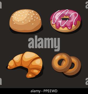 Grazioso set di cartoon fast food isons vettore, isolato su nero burger, ciambella, croissant, bagel Illustrazione Vettoriale