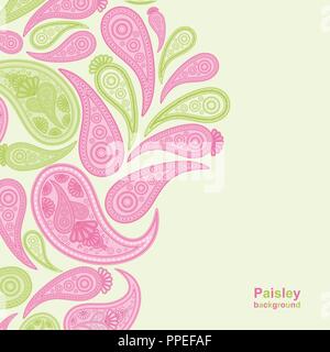 Paisley rosa e verde sfondo vettoriale, floreali abstract design pattern, arte indiana ornamento. Illustrazione Vettoriale