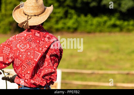 Italiano e cowboy americani, il riscaldamento in un international rodeo show. Vintage nostalgia in una giornata di sole al ranch. Redshirt, jeans blu, gli uomini. Foto Stock