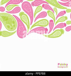 Paisley rosa e verde sfondo vettoriale, floreali abstract design pattern, arte indiana ornamento. Illustrazione Vettoriale