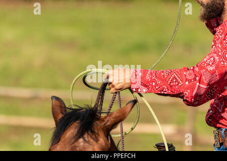 Italiano e cowboy americani, il riscaldamento in un international rodeo show. Vintage nostalgia in una giornata di sole al ranch. Redshirt, jeans blu, gli uomini. Foto Stock