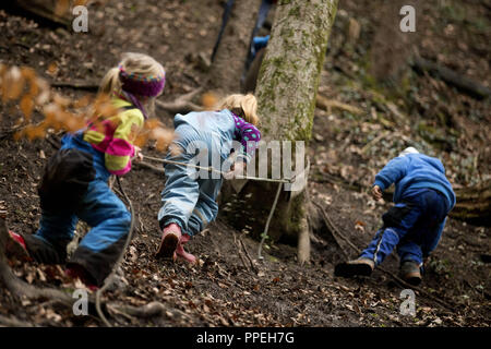 I bambini nel vivaio forestale in Holzwurm Eisenaerzt a Ruhpolding. Foto Stock