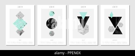 Stampabile quattro dimensioni A4 2019 modelli di calendario per il mese di Maggio, Giugno, Luglio e Agosto. Composizioni astratte con trama di forme geometriche in nero e grigio Illustrazione Vettoriale