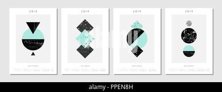 Stampabile quattro dimensioni A4 2019 modelli di calendario per il mese di settembre, ottobre, novembre e dicembre. Composizioni astratte con trama di forme geometriche in Illustrazione Vettoriale