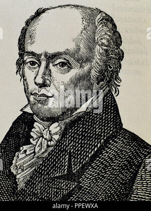 Franz Joseph Gall (1758 -1828). Neuroanatomist, fisiologo, e pioniere nello studio di localizzazione delle funzioni mentali nel cervello. Incisione. Foto Stock
