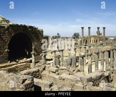 ARTE ROMANO. PROXIMO ORIENTE. BOSRA. Ruinas de la zona arqueológica romana de la ciudad. En primer término antiguos LOS BAÑOS PUBLICOS o TERMAS. SIRIA. Foto Stock