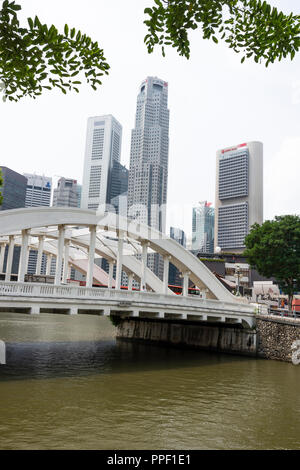 Il Ponte Elgin attraversa il Fiume Singapore con i grattacieli One Raffles Place UOB e OCBC Bank incorniciati dagli alberi Singapore Asia Foto Stock