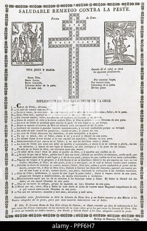 Versi contro la peste, raffiguranti San Rocco e San Sebastiano e la croce a doppia traversa per la protezione. 1854. Stampato in Manresa. La Catalogna. Spagna. Foto Stock