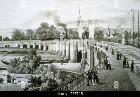 Unificazione della Germania (1815-1871). Il tedesco di unione doganale. 1834. Primo grande ponte ferroviario a Dresda. Incisione in acciaio, 1850. Foto Stock