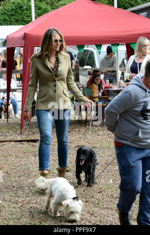 Bromsberrow Heath Fun Dog Show. Il 15 settembre 2018. Herefordshire. Elizabeth Hurley & il suo spaniel Mia prendendo parte ad un villaggio dog show. Foto Stock