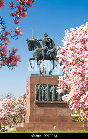 Re Tomislav statua a Zagabria in Croazia, oltre il giapponese di fiori di ciliegio in primavera Foto Stock