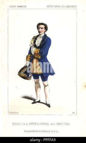 Charles Bataille (1822-1872) nel XVIII secolo costume nobili come il barone de Torrida in 'Marco Spada' all'Opera Comique. Bataille il più grande trionfo era come Pierre le Grand in "l'Etoile du Nord." Egli divenne in seguito a un professore del Conservatorio di musica.. Litografia Handcolored da Alexandre Lacauchie da 'Galerie Dramatique: costumi des teatri de Paris" 1852. Foto Stock