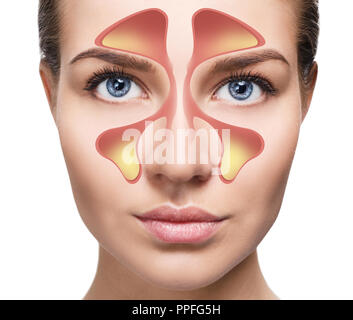 Volto femminile mostra seni nasali con freddo su sfondo bianco. Foto Stock