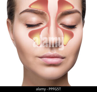 Volto femminile mostra seni nasali con freddo su sfondo bianco. Foto Stock