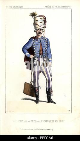 Paul (Paulin-Louis) Boisselot nel ruolo di Jules in 'La Perruque de Mon Oncle' presso il Folies Dramatiques. Boisselot (1829-1905) era un francese di attore vaudeville e comico. In comico ussaro uniforme con false naso.. Litografia Handcolored da Alexandre Lacauchie da 'Galerie Dramatique: costumi des teatri de Paris' ca. 1860. Foto Stock