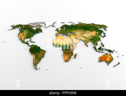 3D rendering di estrusi ad alta risoluzione mappa fisica (con rilievo) del mondo, isolato su sfondo bianco. Foto Stock