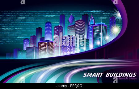 Smart city 3D neon incandescente cityscape. Intelligent building automation notte futuristico concetto di business. Web online colori vividi cyberpunk retrowave. Tecnologia urbano banner illustrazione vettoriale Illustrazione Vettoriale