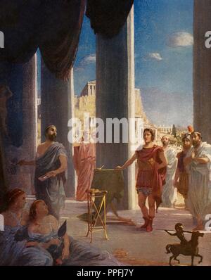 Apelle, che è di Kos (IV secolo a.C.). Pittore della Grecia antica. Alessandro il Grande visitando l'artista Apelle, che è nella sua bottega. Illustrazione a colori. Foto Stock