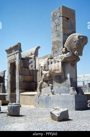 Persepolis , capitale dell'antico impero Achemenide, fondata da Dario I (522-486 a.C.). Palazzo di 100 colonne. È stato iniziato da Xerxes I (486-465 a.C.) ) e finito da Artaserse I (465-424 a.C.). Colonna sagomata come un toro presso la porta nord ingresso, del V secolo A.C. Repubblica islamica di Iran. Foto Stock