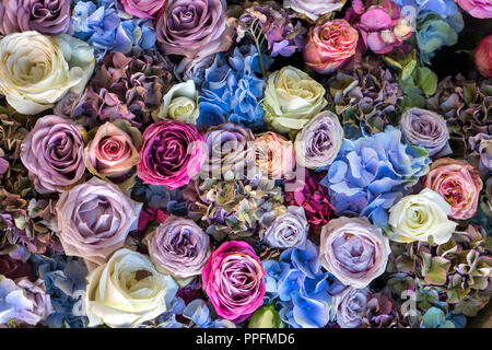 Sfondo di color pastello fiori e rose in rosa, lilla e blu