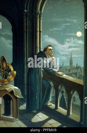 Roger Bacon (1214-1294). Filosofo inglese e studioso, nel suo osservatorio del convento di Oxford. Foto Stock