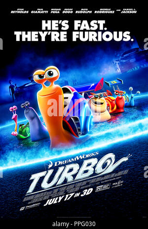 Turbo (2013) diretto da David Soren e interpretato da voci di Ryan Reynolds, Paul Giamatti, Maya Rudolph e Samuel L. Jackson. Animazione circa una lumaca che sogna di vincere la Indianapolis 500 gara automobilistica. Foto Stock
