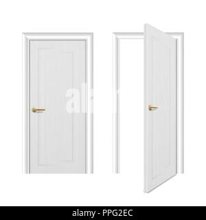 Vettore diverso realistico aperto e chiuso bianco porta in legno icona impostare closeup isolati su sfondo bianco. Elementi di architettura. Modello di progettazione per la grafica, vista frontale Illustrazione Vettoriale