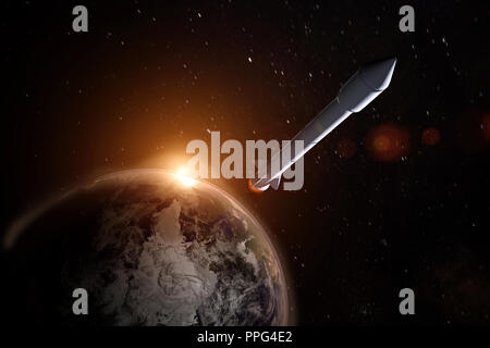 Rocket in procinto di lasciare la terra in un posto sconosciuto , elementi di questa immagine fornita dalla NASA ,3D rendering Foto Stock