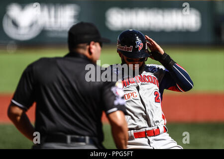 Juan Carlos Perez. . Acciones, duranti el partido de beisbol entre Criollos de Caguas de Puerto Rico contra las Águilas Cibaeñas de Republica Dominica Foto Stock