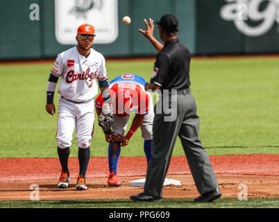 Alessio Amarista (i) de Venezuela en n.a. jugada con Jesmuel Valentin (3) de Puerto Rico . Partido de beisbol de la Serie del Caribe con el encuentro en Foto Stock