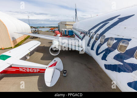 Viste Exteriorr dell'Alaska Aviation Museum si trova sul Lago di cappa ad Anchorage in Alaska Foto Stock