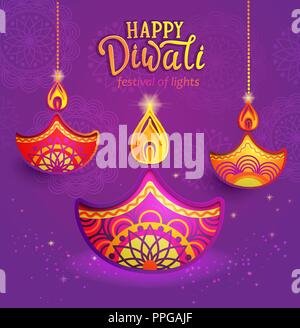 Banner per felice Diwali, biglietto di auguri per il festival indiano con il simbolo della lampada ad olio e fuoco. Perfetto per pubblicizzare, poster, volantini, sfondi. Illustrazione Vettoriale. Illustrazione Vettoriale