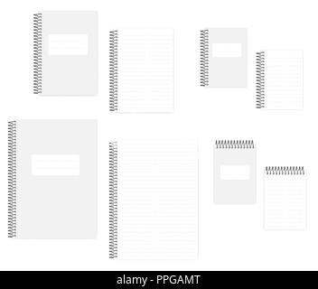 Due colonne di linea tratteggiata notebook con lo strappo di fogli, vettore realistico mockup set. A4, A5, formato A6. La rilegatura a filo taccuini, mock up Illustrazione Vettoriale