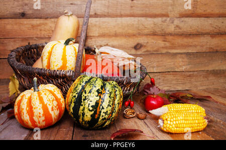 Il Ringraziamento di zucca e frutta in una cesta piena di raccolti di cibo e frutti Foto Stock