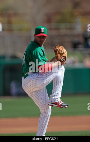 Hector Daniel Rodrigez brocca derrotado de Mexico, duranti el juego de Mexico vs Dodgers de la previo al Clasico Mundial de beisbol 2013 , Camelbac Foto Stock