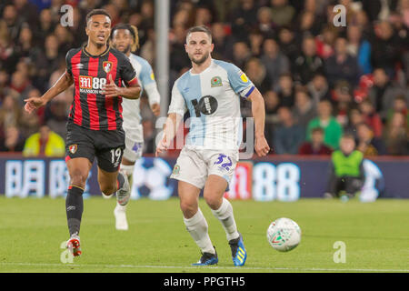 Bournemouth, Regno Unito. Il 25 settembre 2018. Craig Conway del Blackburn Rovers durante l EFL Carabao Cup terzo turno match tra AFC Bournemouth e Blackburn Rovers presso la vitalità Stadium, Bournemouth, Inghilterra il 25 settembre 2018. Foto di Simon Carlton. Solo uso editoriale, è richiesta una licenza per uso commerciale. Nessun uso in scommesse, giochi o un singolo giocatore/club/league pubblicazioni. Credit: UK Sports Pics Ltd/Alamy Live News Foto Stock