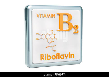 La vitamina B2, riboflavina. Icona, la formula chimica di struttura molecolare su sfondo bianco. Il rendering 3D Foto Stock