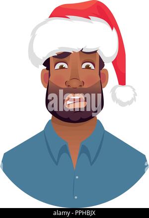 L'uomo africano in un berretto di Babbo Natale. Ritratto di African American l'uomo. African American uomo faccia espressione. Le emozioni umane icona. Set di cartoon vettore i Illustrazione Vettoriale