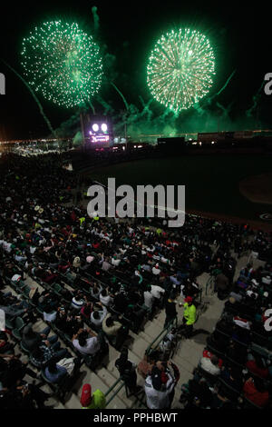 Fuegos artificiales duranti la inauguración de la Serie del Caribe 2013 en Estadio Sonora, profesamente construido para este encuentro internacional. Foto Stock