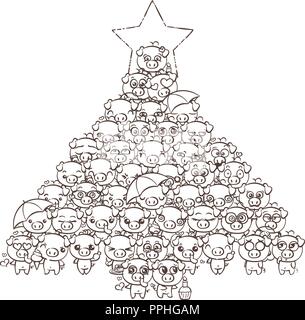 Anno nuovo sfondo con simpatici baby suinetti. Pastello immagine cartoon kawaii suini. Il vettore per disegnare a mano libera doodle fumetto gli Emoji art. Illustrazione per colorin Illustrazione Vettoriale