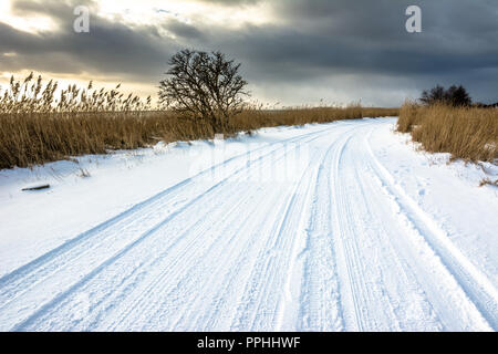 La neve sulla strada, paesaggio invernale con moody sky prima del tramonto sul lago Foto Stock