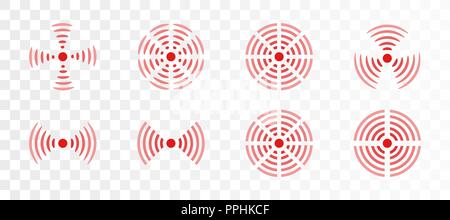 Vector set di anelli rossi icona per medical design illustrazione. Cerchio di dolore per contrassegnare corpo doloroso parti su sfondo trasparente Illustrazione Vettoriale