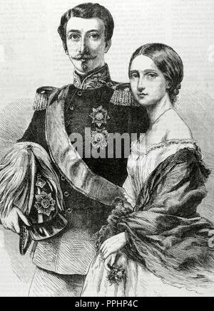 Federico I (1826-1907). Il Granduca di Baden con sua moglie la Principessa Luisa di Prussia (1838-1923). Incisione. L'universo illustrato (Univers Illustre), 1862. Foto Stock