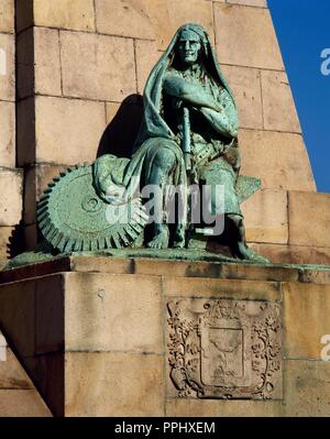 Un monumento di ingegnere spagnolo Evaristo Churruca 81841-1917). Inaugurato nel 1935. Da Miguel Garcia Salazar (1877-1959). Dettaglio della statua che simboleggia l'industria. Quartiere di Las Arenas. Getxo. Paese basco. Spagna. Foto Stock