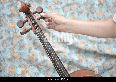Studio closeup di un maschio lato tuning un violoncello Foto Stock