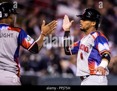 Con anotaciones de Abiatal Avelino (1) y Gustavo Nunez (6) de Águilas Cibaeñas de Republica Dominicana, el partido se coloca 5 carreras por 3 en la pa Foto Stock