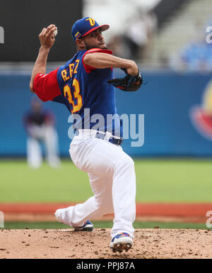 Martin Perez brocca inicial de Venezuela hace lanzamientos en el cierre del primer inning, duranti el partido entre Italia vs Venezuela, mondo Baseba Foto Stock